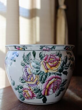 Vintage Asian-style Ceramic Fishbowl Planter-Hand-Painted Floral Design